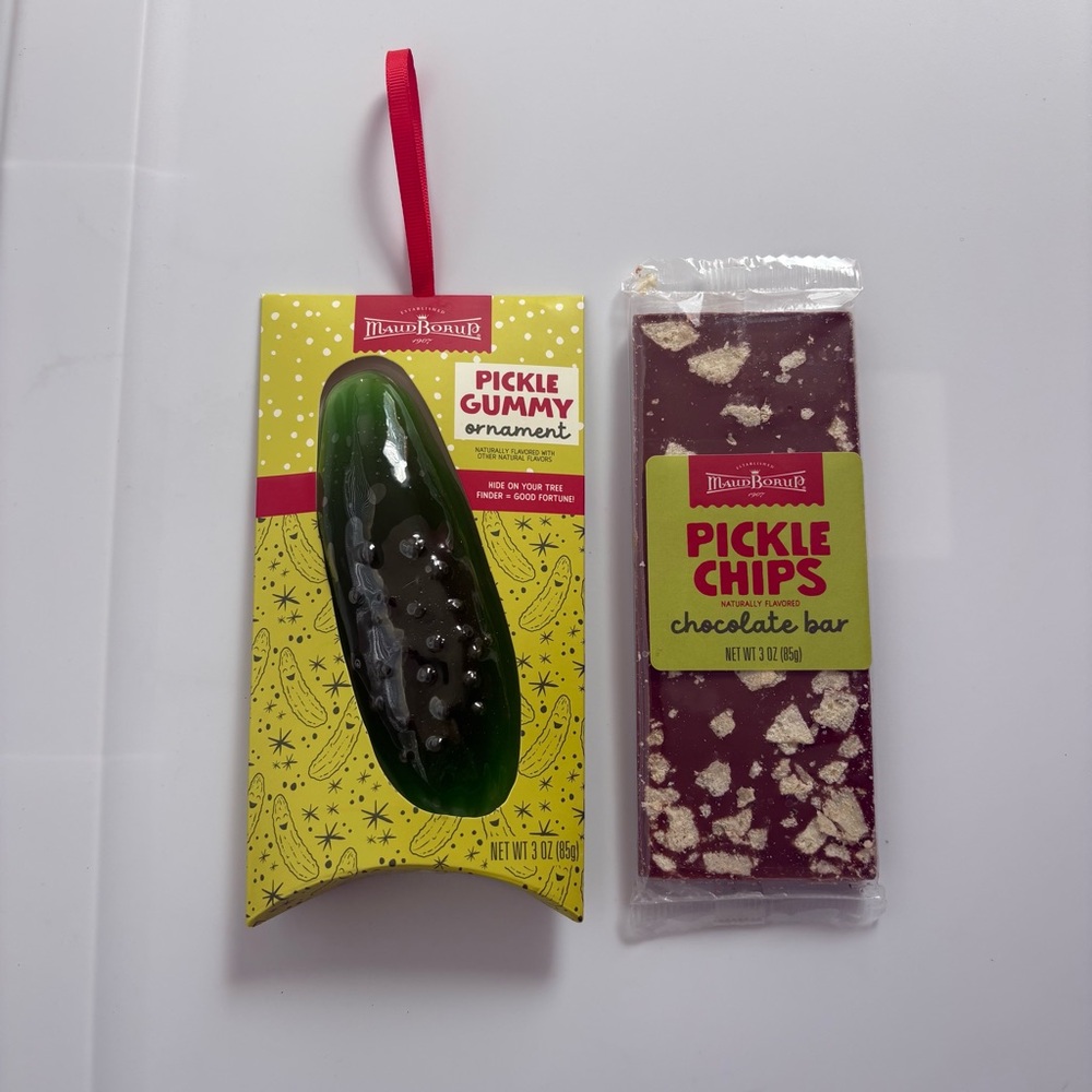 Pickle Gummy Ornament and Chocolate Bar